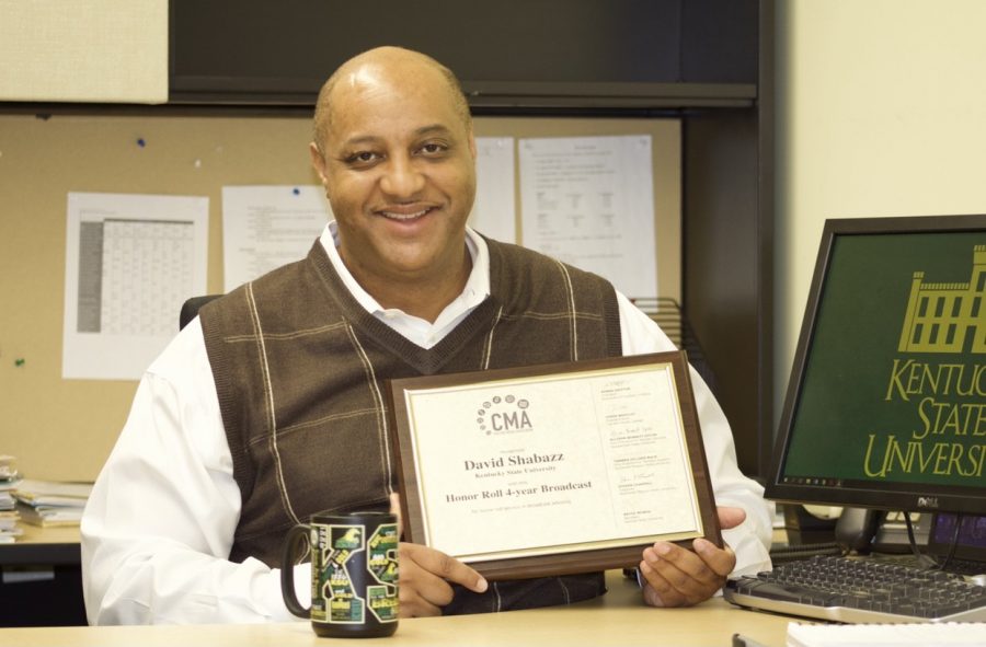 Associate professor of journalism David Shabazz is a recipient of the Honor Roll 4-year Broadcast Advisor from College Media Association for 2019-2020