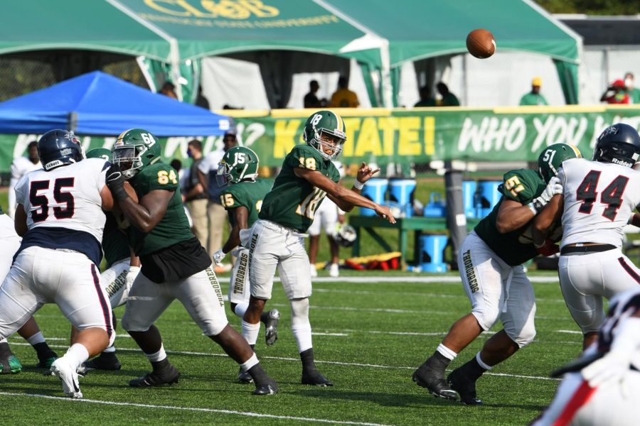 Quarterback Jonathan Jerry completed pass in rout of Lane college 49-14 (Photo by: Jonnae Harris)